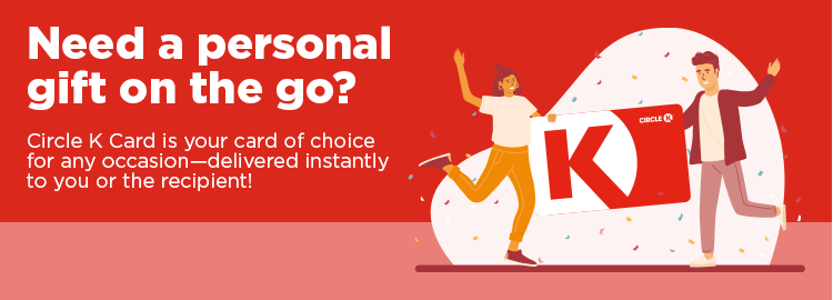 Circle K gift card promotional banner with a red background. The text reads, 'Need a personal gift on the go?' followed by a message about the convenience of the Circle K Card for any occasion. On the right, two illustrated characters celebrate while holding a large Circle K gift card, with confetti adding a festive touch.