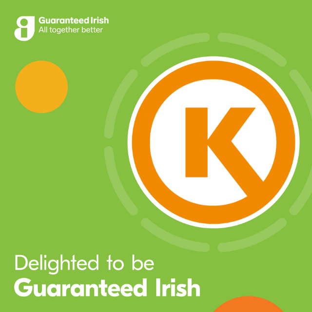 An image with a green background, and a white copy written Delight to be guarantee Irish and the Circle K icon