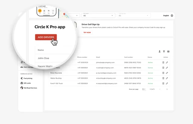 Circle K Pro portal interface, with focus on Add Drivers option