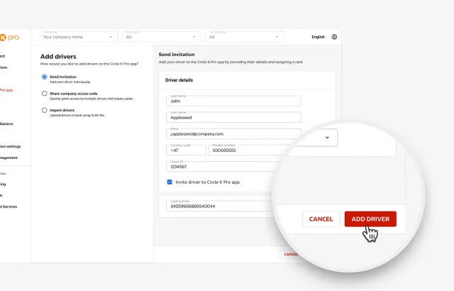 Circle K Pro portal interface, with focus on confirming Add Driver option