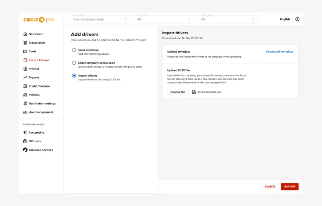 Circle K pro app import drivers to add drivers to the app