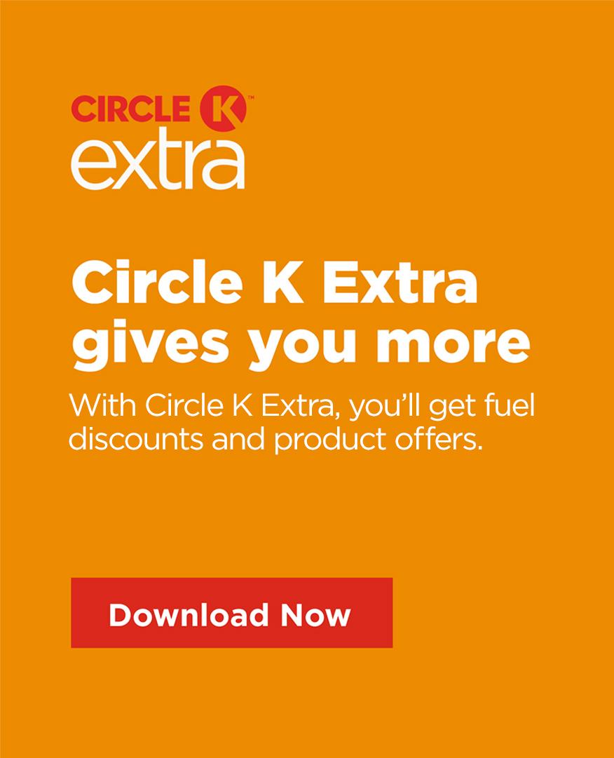 A web banner with a bright orange background featuring the Circle K Extra logo at the top left. The text reads, 'Circle K Extra gives you more. With Circle K Extra, you’ll get fuel discounts and product offers.' At the bottom of the image, there is a red button with the text 'Download Now' in white.