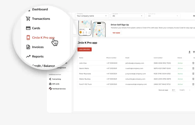 Circle K Pro portal interface, with focus on Circle K Pro app option