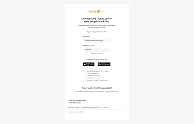 Circle K Pro app email invitation
